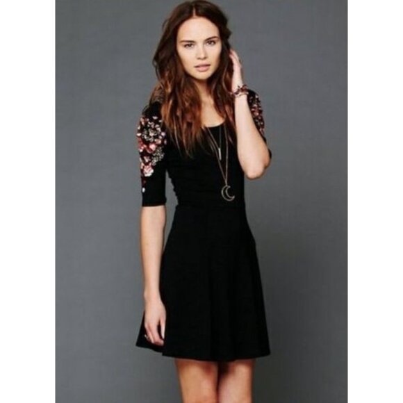 Free People Embroidered Garden Sleeve Black Fit & Flare Skater Mini Dress - Picture 3 of 16